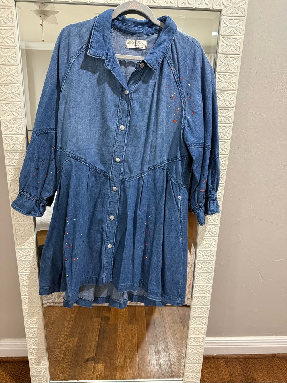 We The Free Blue Denim Button-Front Dress with Painted Speckles